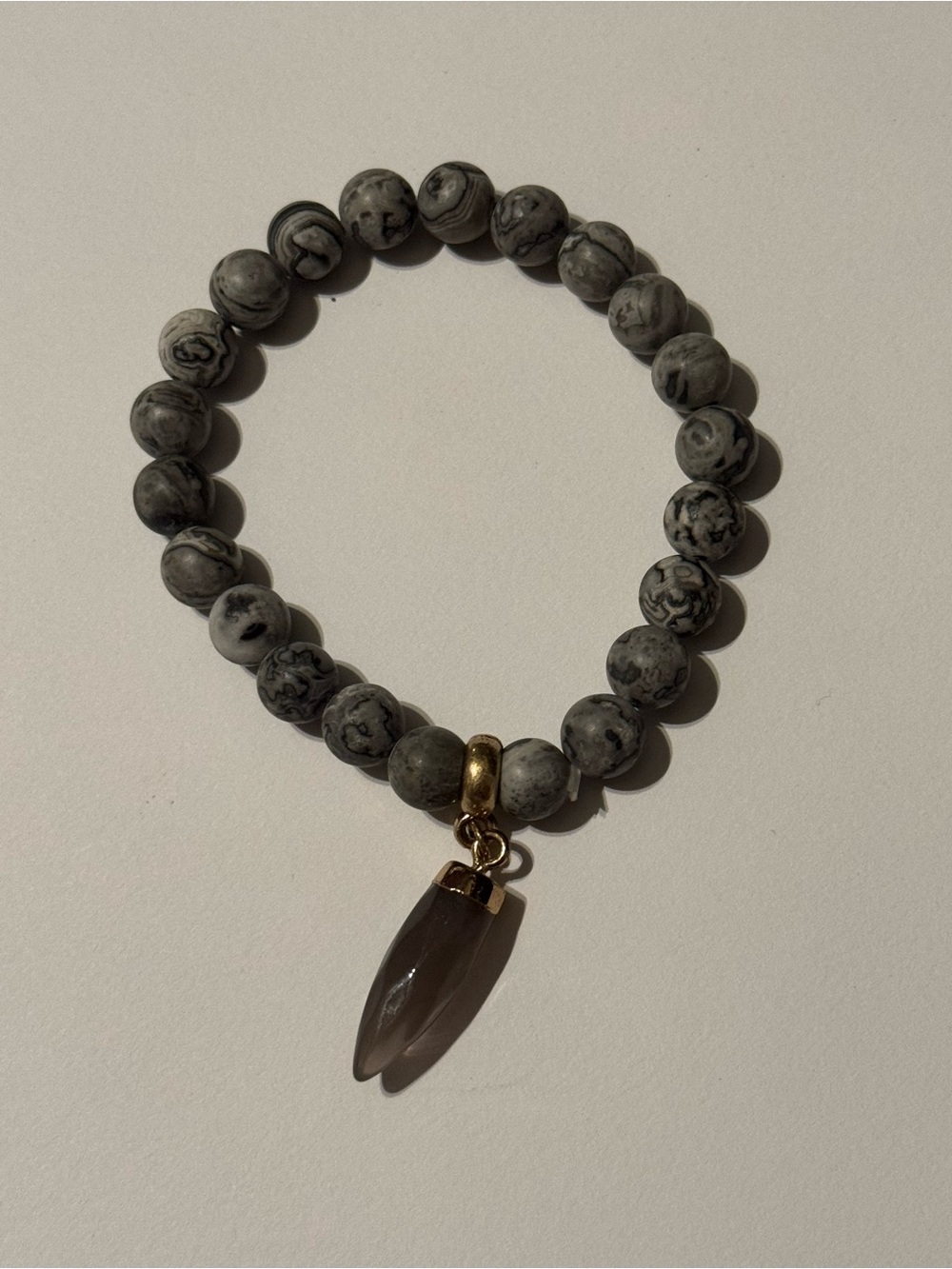 Gray Marble Beaded Bracelet with Gold Accent and Purple Pendant